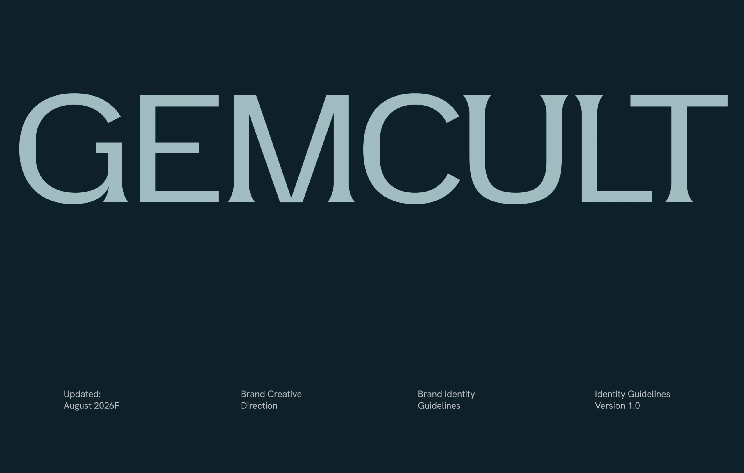 Large text “GEMCULT” centered on a dark background, with small text below noting updates, branding direction, guidelines, and version information.