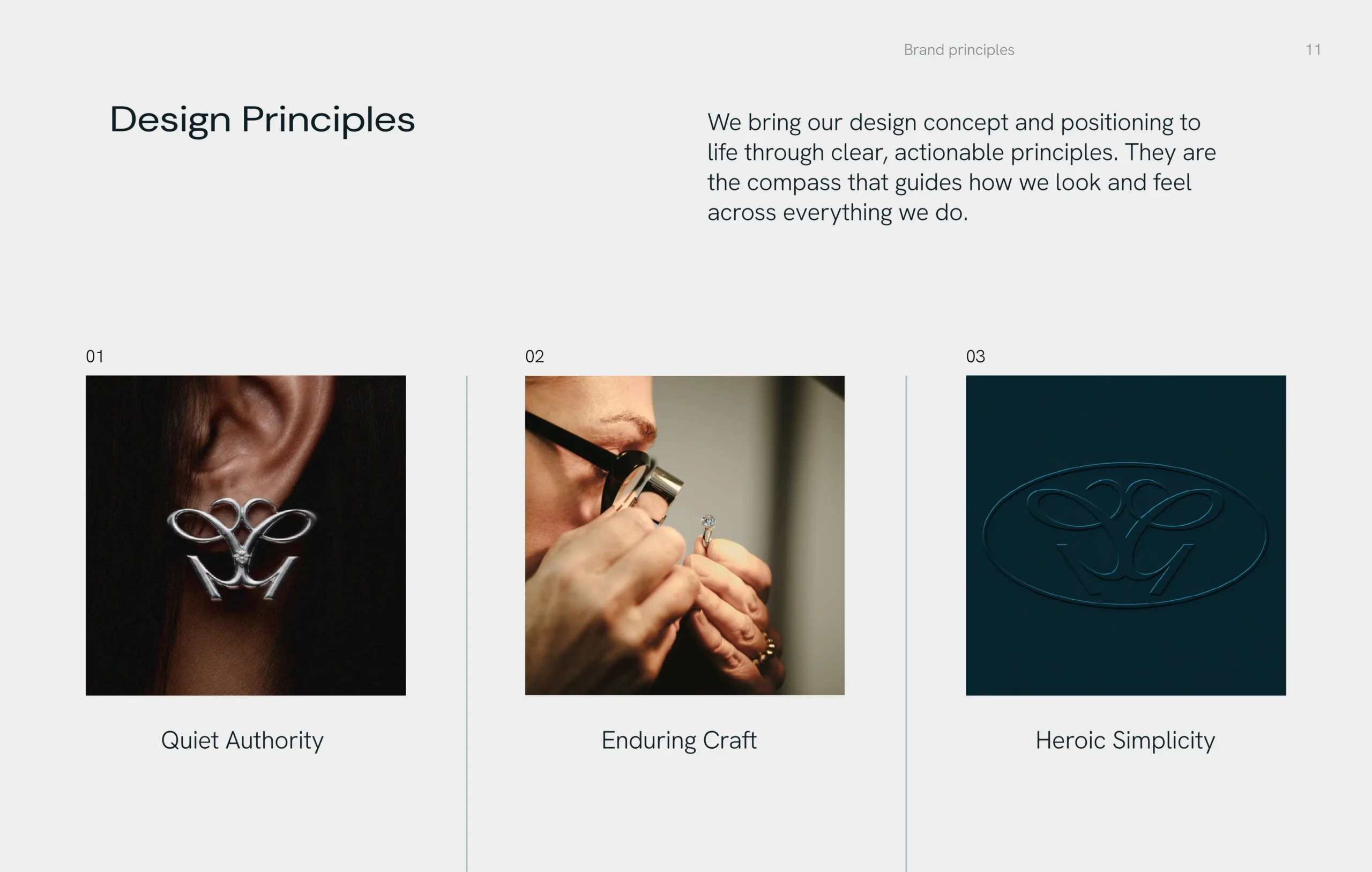 Design Principles slide showing a silver ear cuff, artisan crafting jewelry, and a dark embossed logo, conveying quiet, enduring, heroic simplicity.