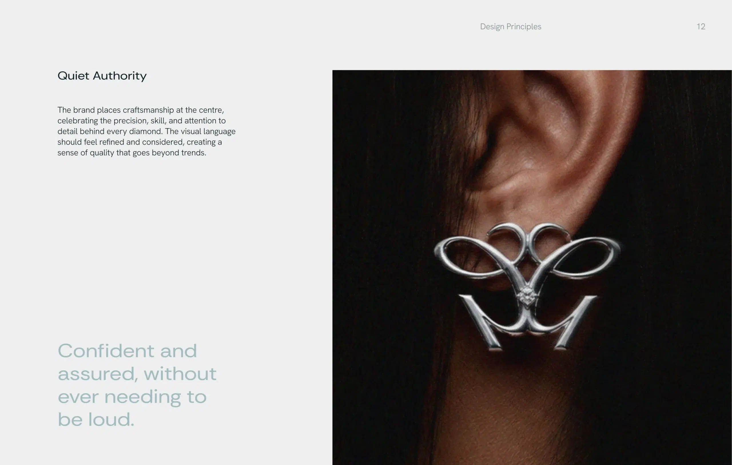 Close-up of a dark-skinned ear wearing an ornate silver floral earring; minimalist editorial layout conveys quiet authority and confident elegance.