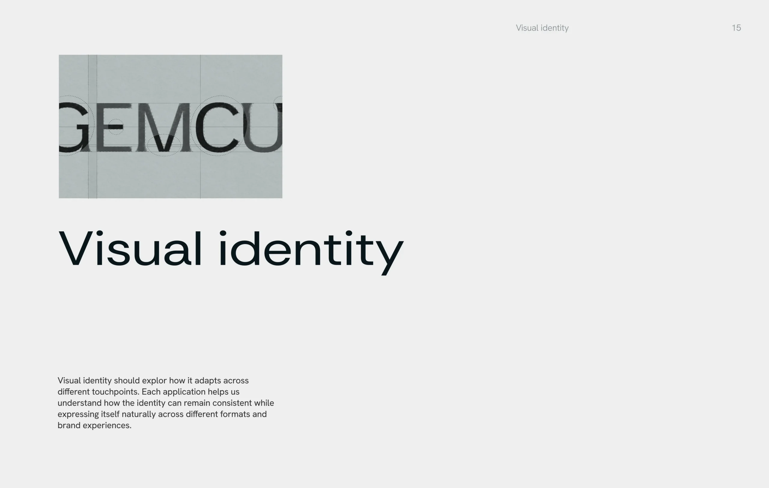 Minimalist visual identity presentation slide featuring a cropped “GEMCULT” logo, large black heading, and small explanatory text on a pale gray background.Minimalist visual identity presentation slide featuring a cropped “GEMCULT” logo, large black heading, and small explanatory text on a pale gray background.