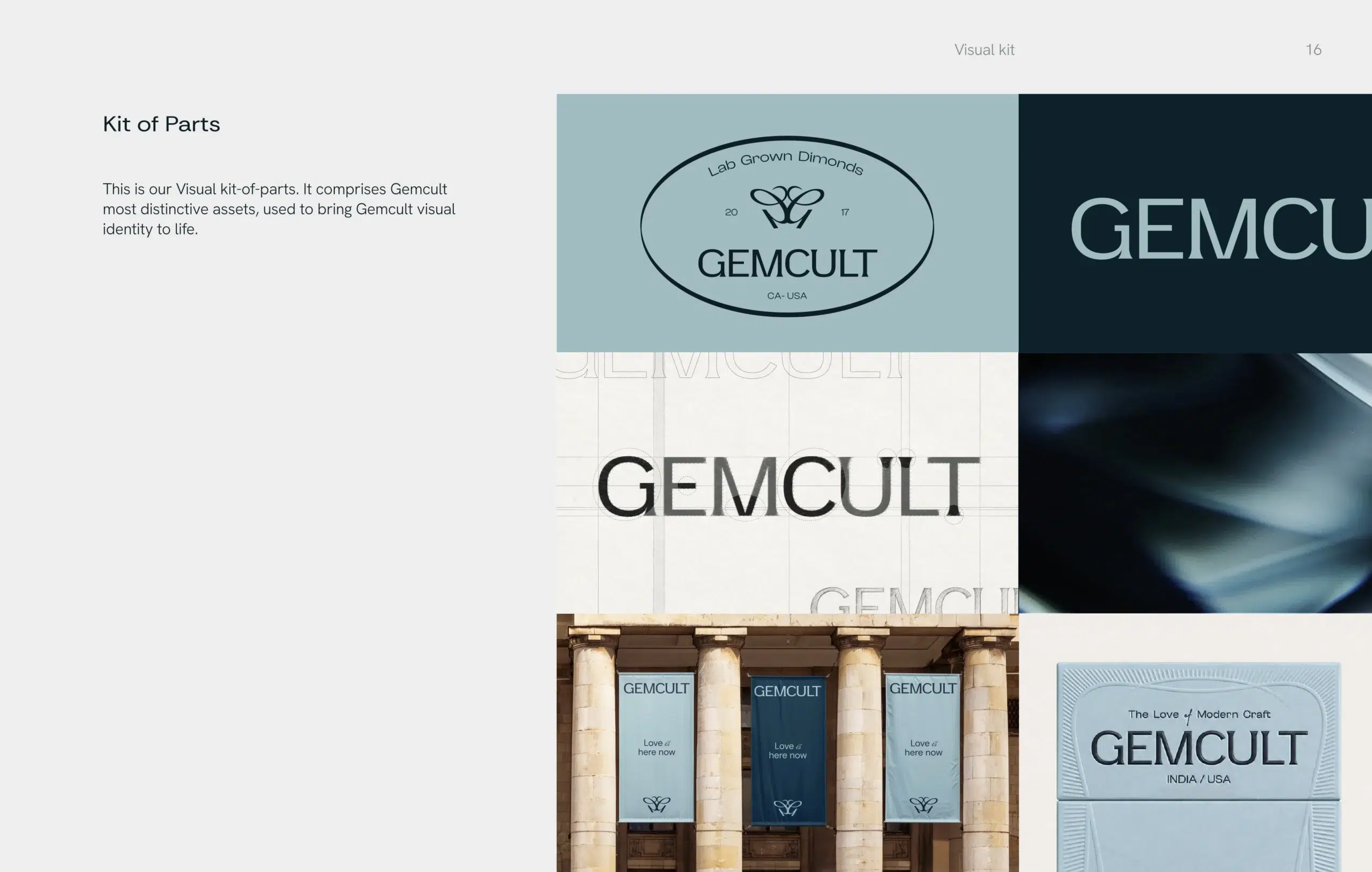 Branding mood board titled “Kit of Parts,” featuring GEMCULT logos, typography, pale blue and navy panels, abstract imagery, and classical columns.