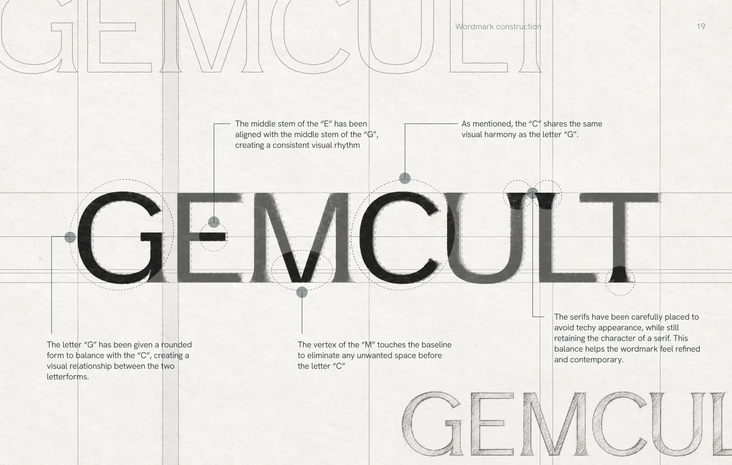 Monochrome editorial typography showing “GEMCULT” in oversized bold and outlined letters, with fine grid lines and small explanatory notes.