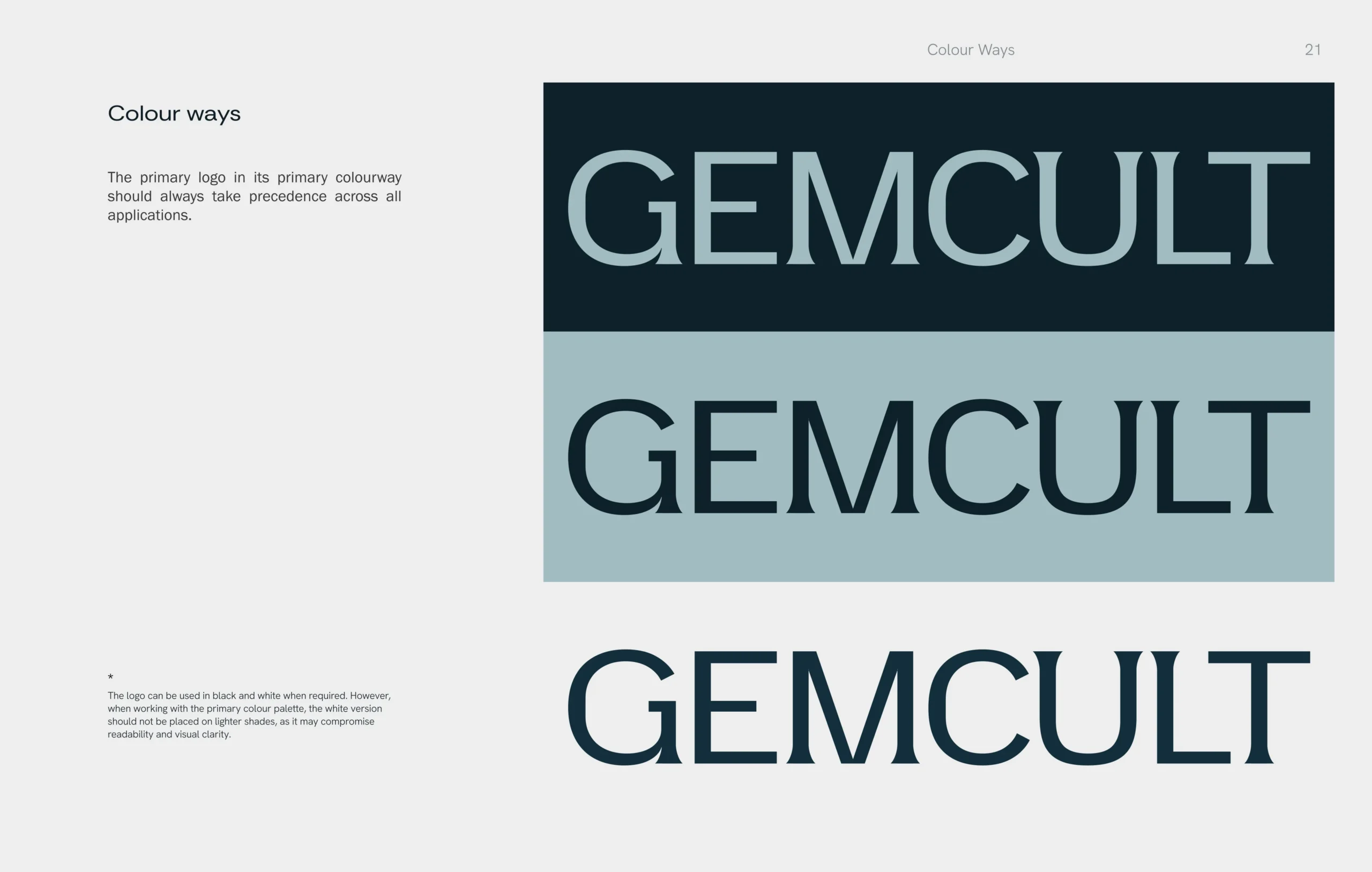 Brand guidelines slide showing “GEMCULT” in three colorways: white on navy, navy on pale blue, and navy on white, with explanatory notes.