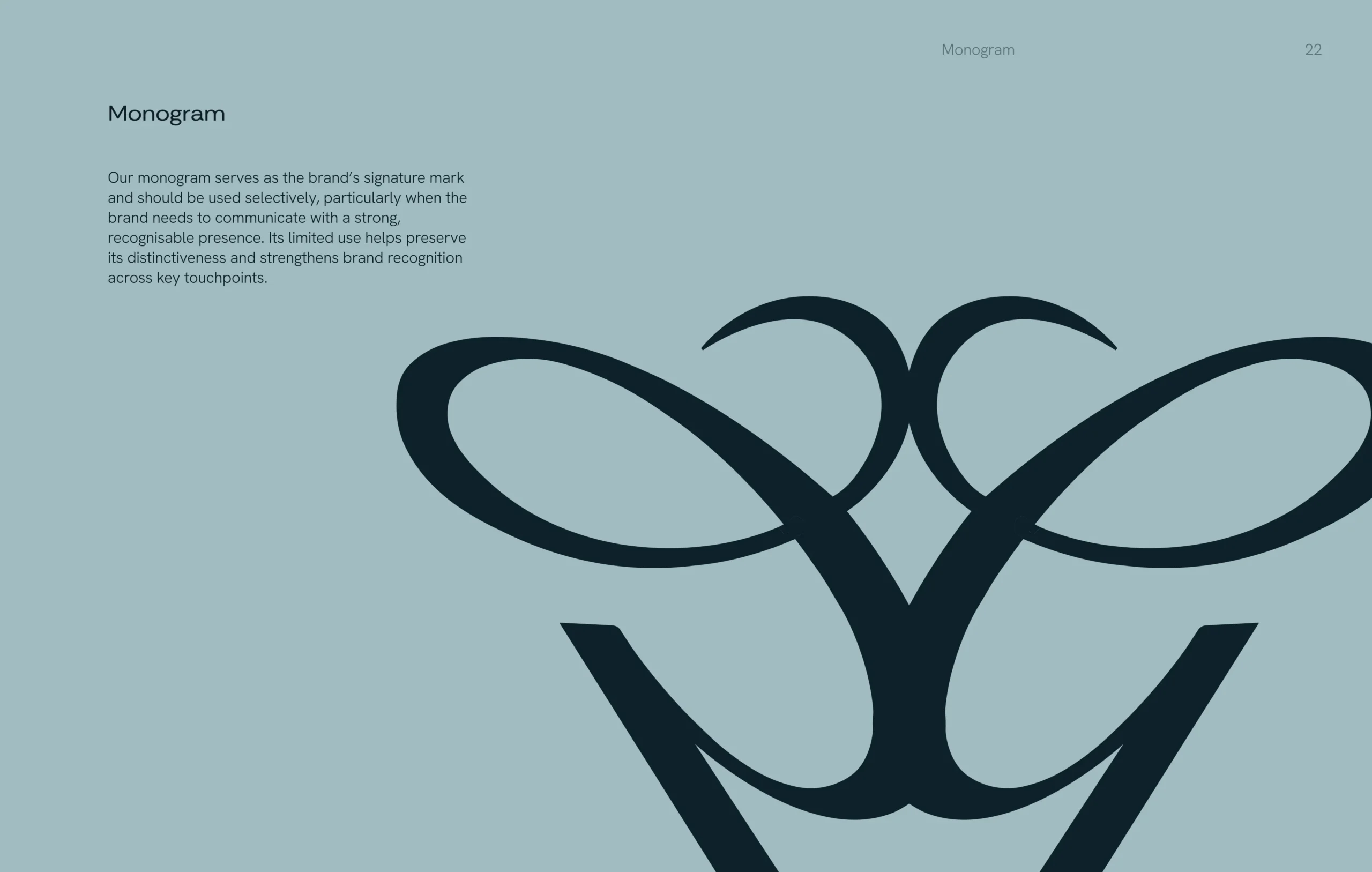 Monogram design on a pale blue page: a bold, symmetrical navy emblem.