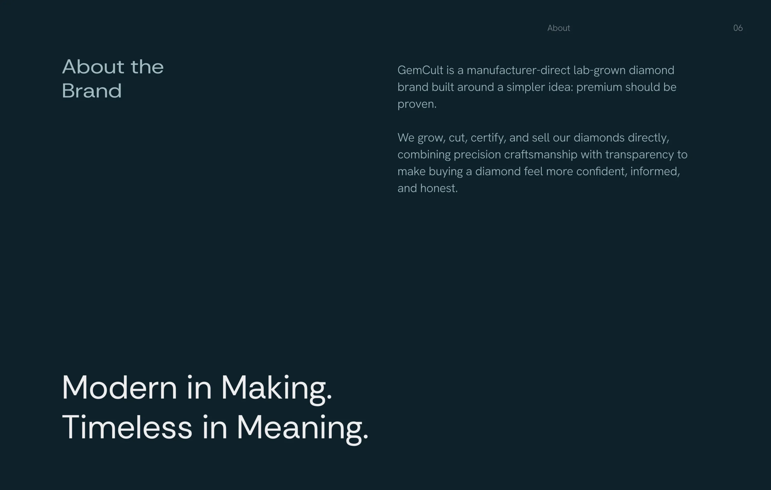 Dark navy brand page for GemCult, featuring “About the Brand,” diamond craftsmanship text, and the tagline “Modern in Making. Timeless in Meaning.”