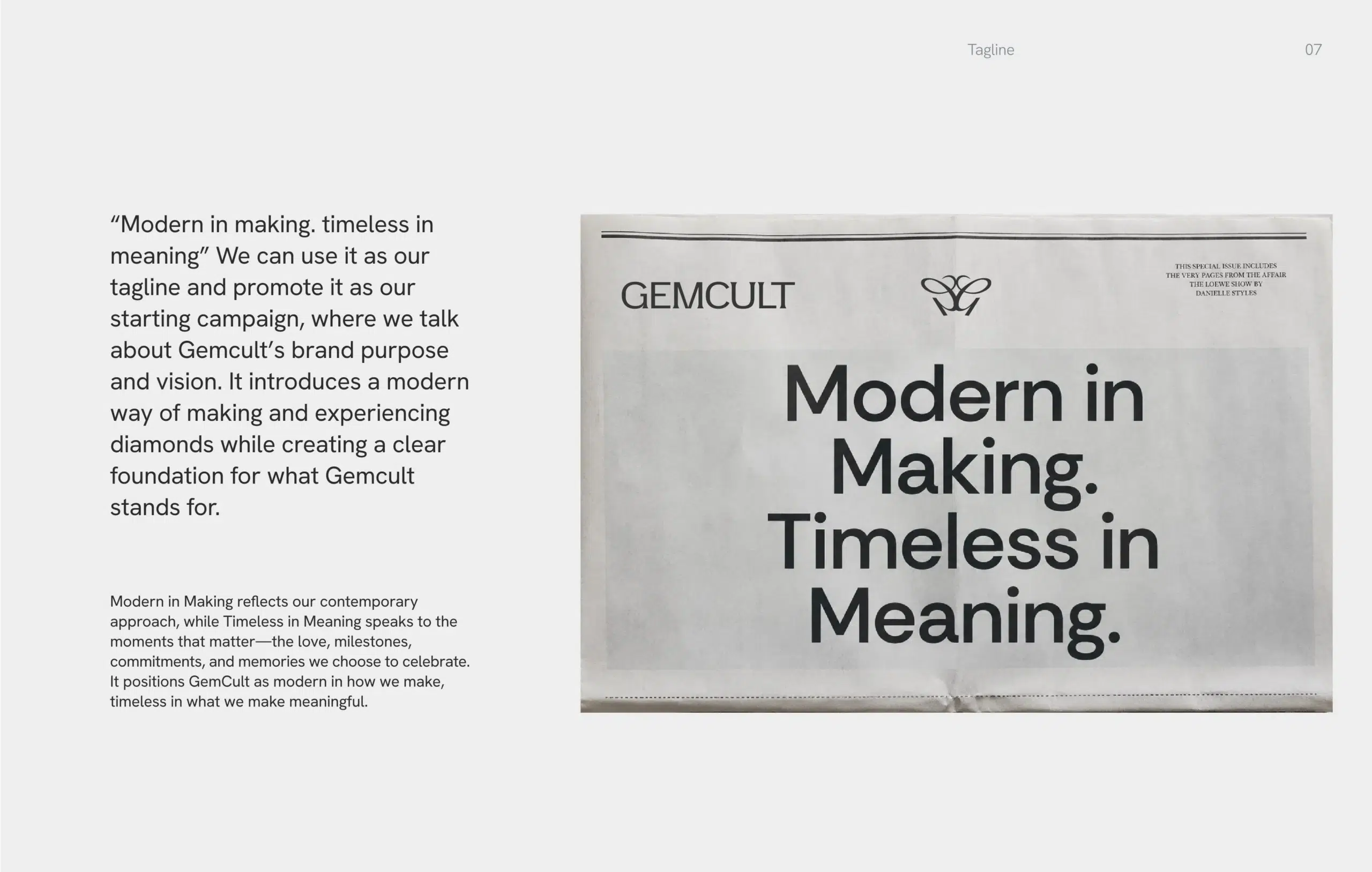Editorial spread featuring GEMCULT’s grayscale jewelry ad: “Modern in Making. Timeless in Meaning.” beside brand text and imagery.