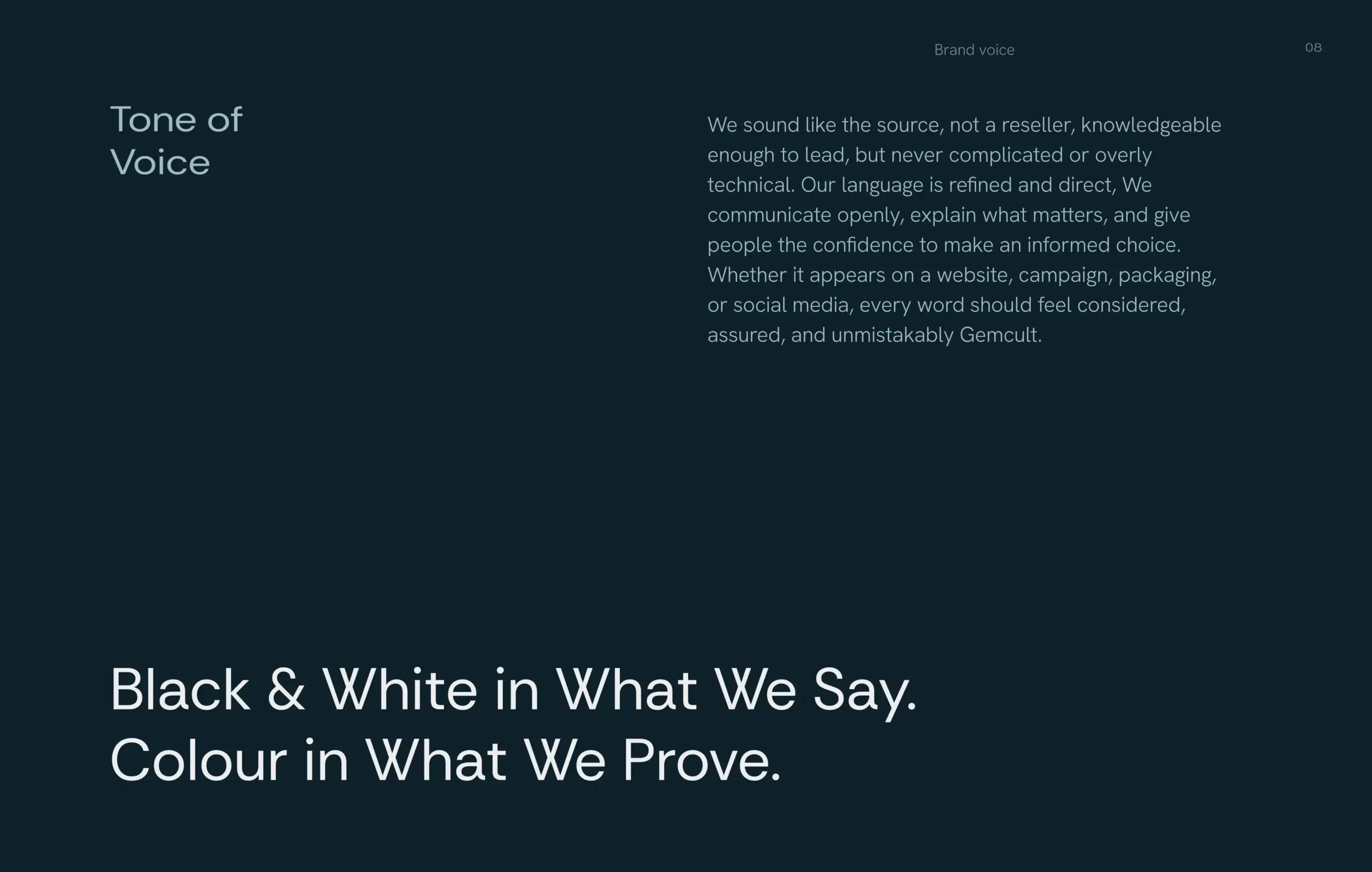 Dark navy brand slide titled “Tone of Voice,” with white text describing clear, knowledgeable communication and the slogan “Black & White in What We Say.”