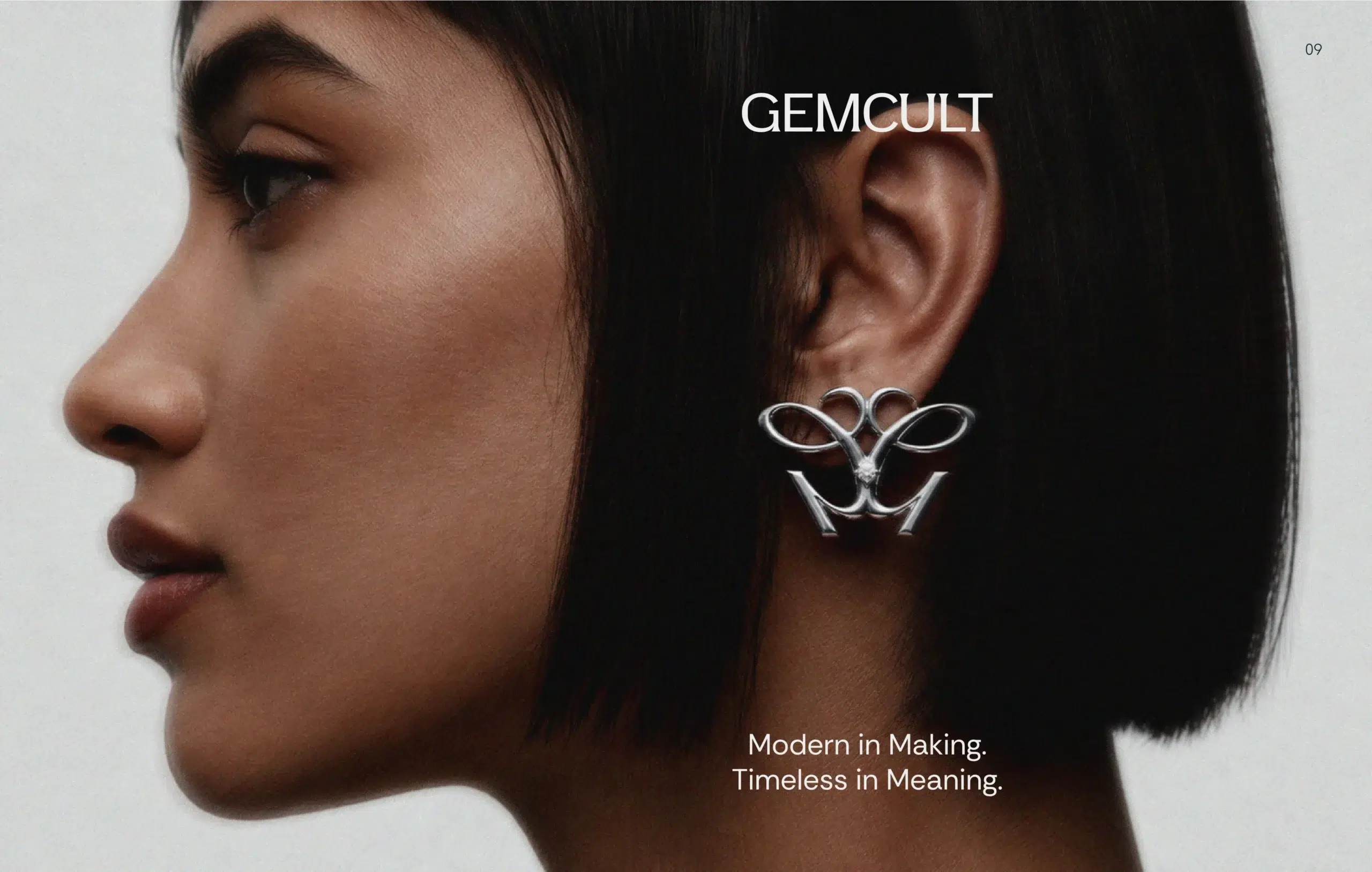 Close-up side profile of a woman wearing an intricate silver earring, with “GEMCULT” and “Modern in Making. Timeless in Meaning.” text.